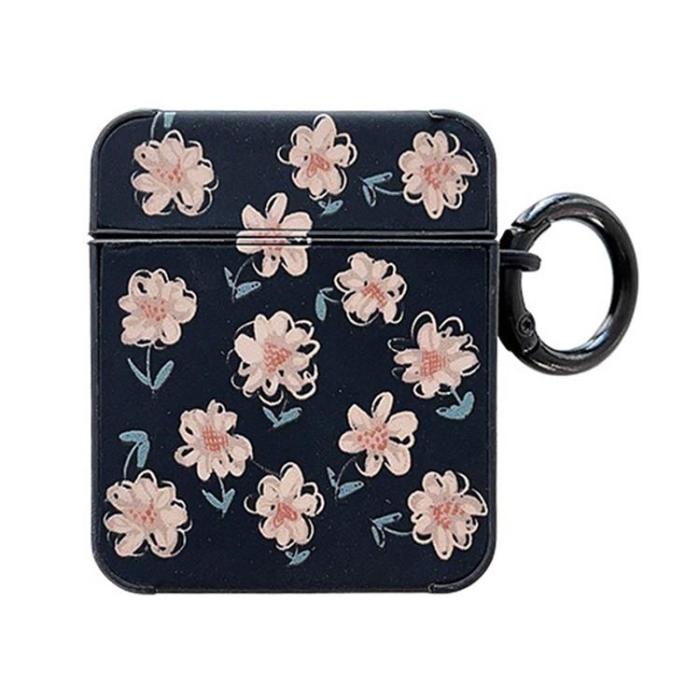 OEM - Airpods 1/2 Skal TPU Läder Floral - Svart/Rosa