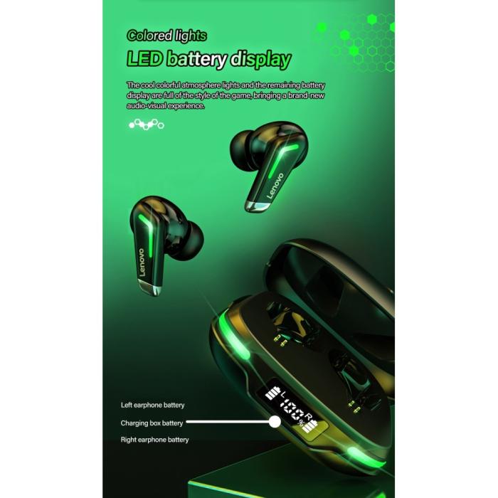 Lenovo - LENOVO GM3 TWS LED Bluetooth Trådlösa Hörlurar - Svart