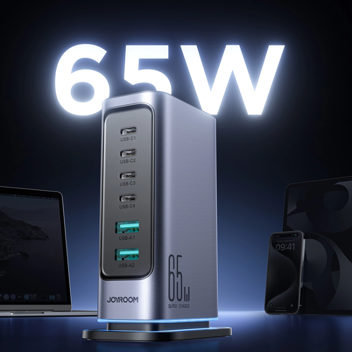 Joyroom - Joyroom Snabbladdare 65W 4xUSB-C 2xUSB-A GaN - Mörkgrå