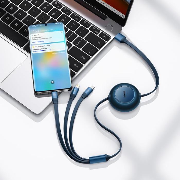 UTGATT1 - Baseus Retractable 3in1 microUSB/Lightning/Typ-C 66W 1.1m - Blå