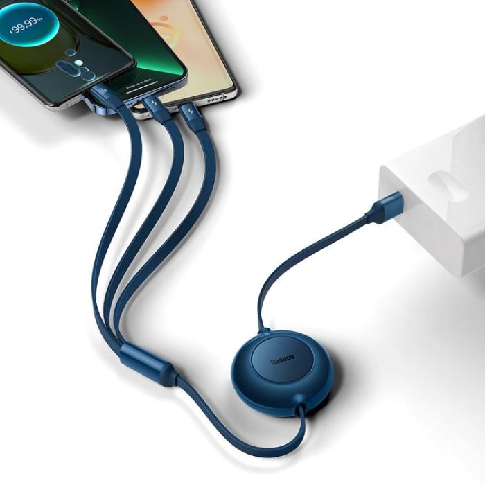 UTGATT1 - Baseus Retractable 3in1 microUSB/Lightning/Typ-C 66W 1.1m - Blå