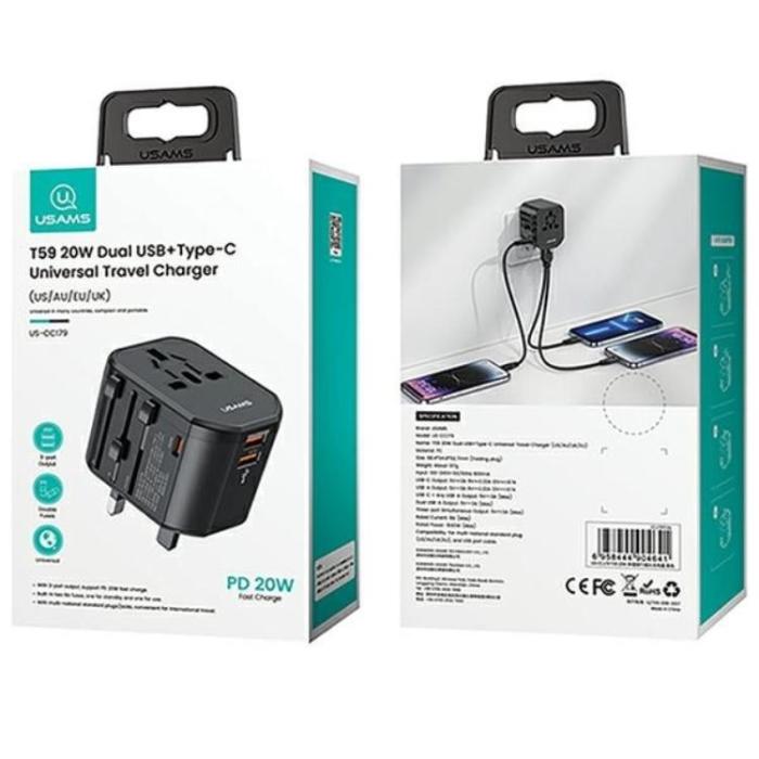 USAMS - USAMS Universal Reseladdareadapter 20W 1x USB-C 2xUSB US/AU/EU/UK T59