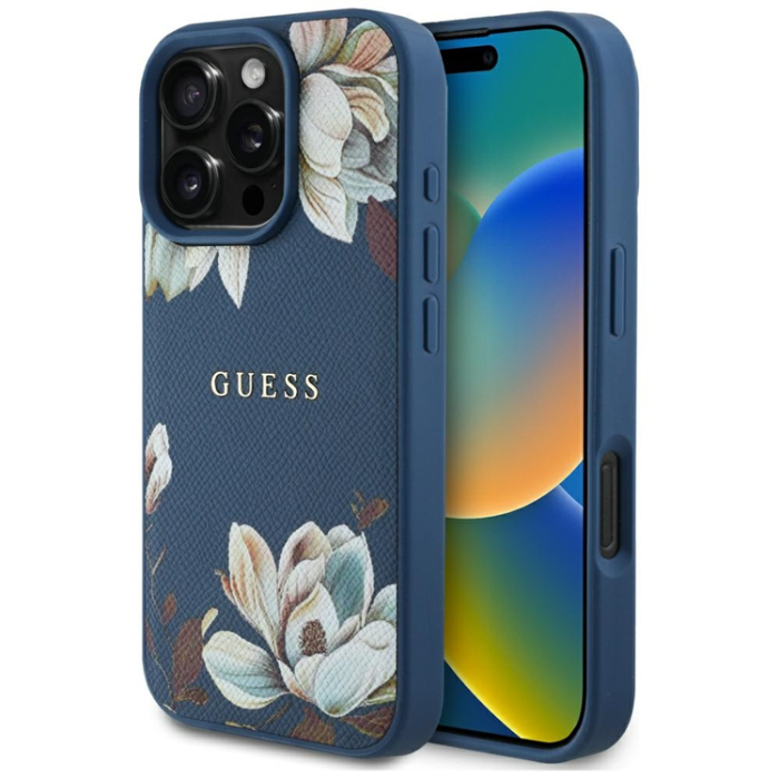 Guess - Guess iPhone 16 Pro Mobilskal Magsafe Flower Pattern - Blå
