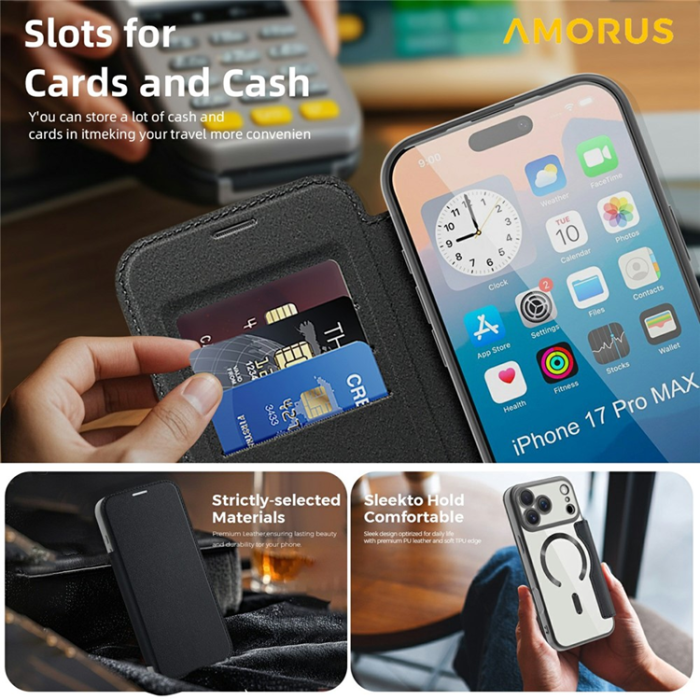 Amorus - AMORUS iPhone 17 Pro Max Plånboksfodral MagSafe RFID - Svart