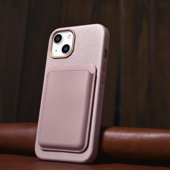 ICARER - iCarer iPhone 14 Plus Skal Magsafe Äkta Läder Litchi Premium - Rosa