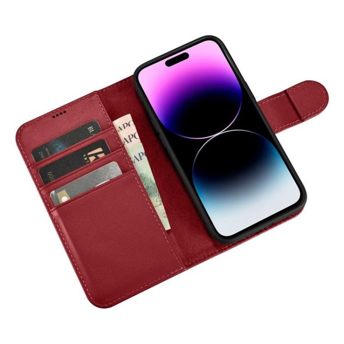 ICARER - iCarer iPhone 14 Pro Max Plånboksfodral 2in1 Anti-RFID Äkta Läder - Röd