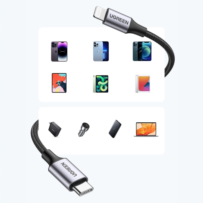 Ugreen - Ugreen Lightning Till USB-C 2.0 1m MFi Kabel - Grå