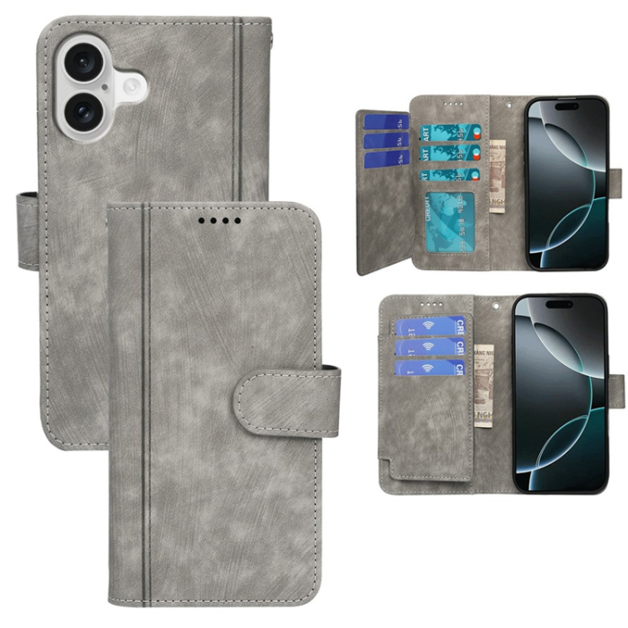 A-One Brand - iPhone 17 Plånboksfodral Line Pattern Läder - Grå