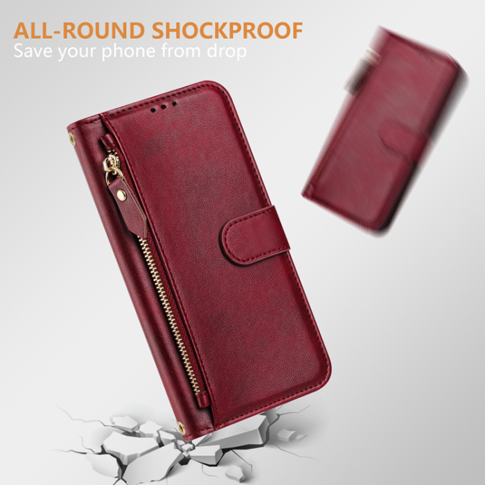 A-One Brand - iPhone 17 Pro Plånboksfodral Zipper Pocket Läder - Röd