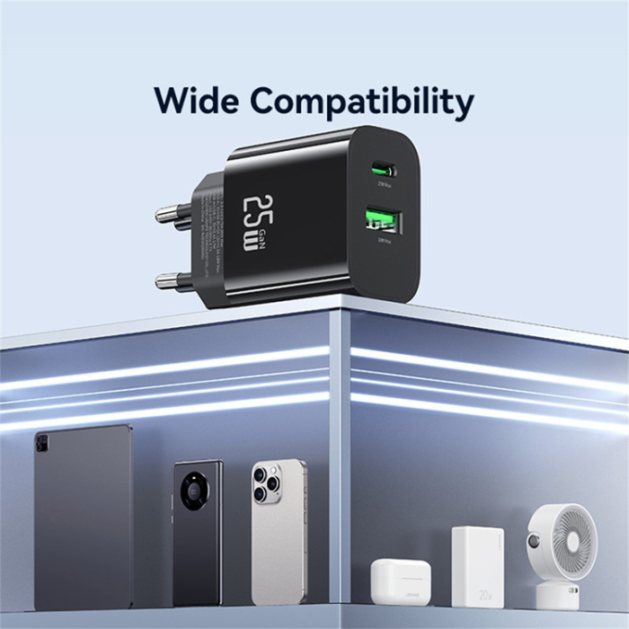 USAMS - USAMS GaN Snabbladdare USB-C - USB-A 25W CC315 T65 EU - Vit