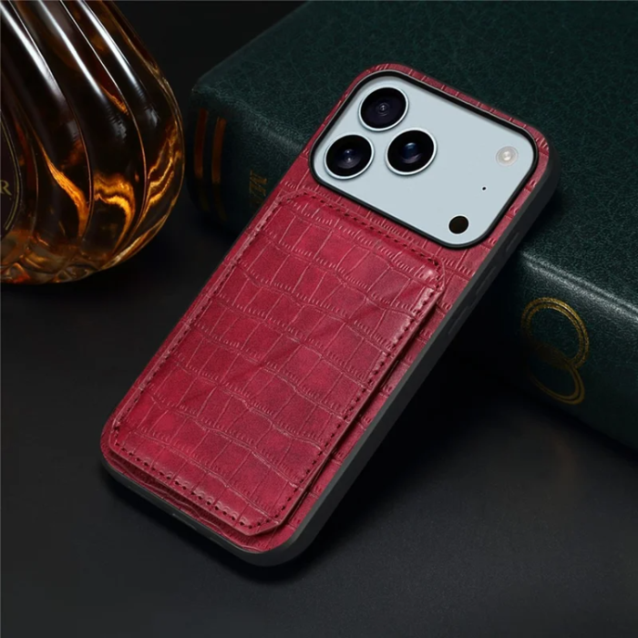 A-One Brand - iPhone 17 Pro Max Mobilskal Korthållare Crocodile Textured - Rosa