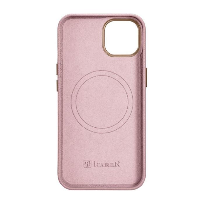 ICARER - iCarer iPhone 14 Plus Skal Magsafe Äkta Läder Litchi Premium - Rosa