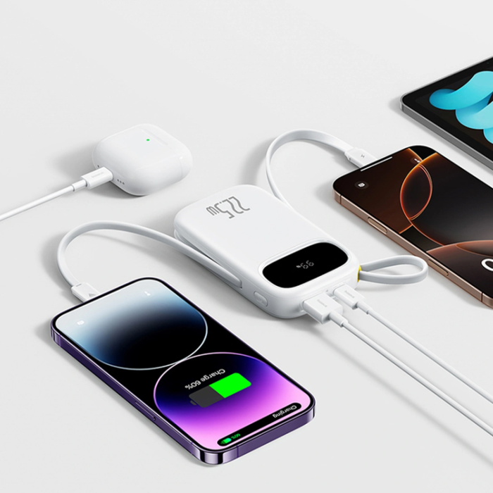 BASEUS - Baseus Powerbank 10000mAh med 2 Built-in Kablar 22.5W - Vit