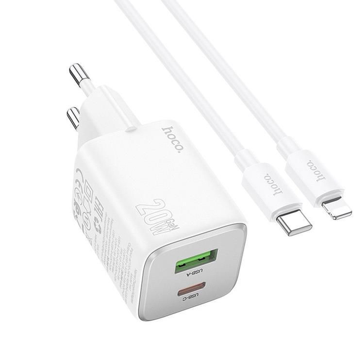 Hoco Väggladdare 1xUSB-C 1xUSB-A 20W + Lightning Kabel N41 - Vit (Vit) | 505295 | AlltMobil