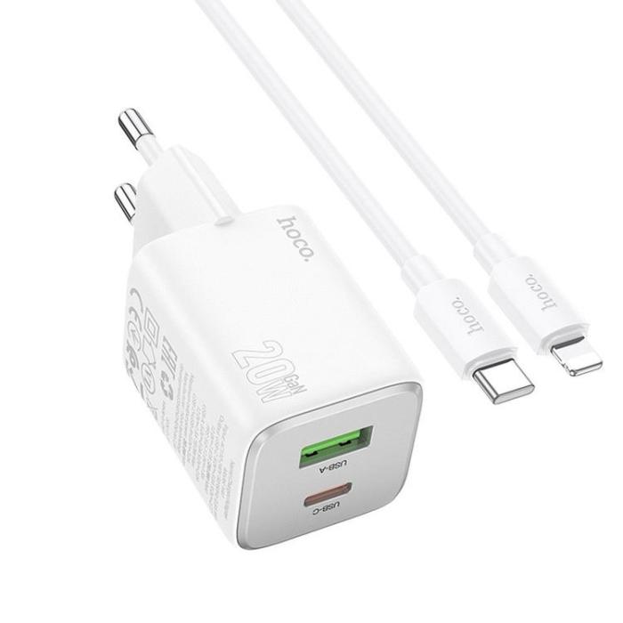 Hoco - Hoco Väggladdare 1xUSB-C 1xUSB-A 20W + Lightning Kabel N41 - Vit