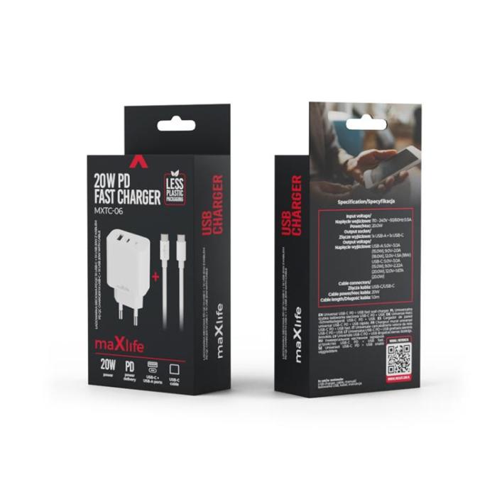 Maxlife - Maxlife Väggladdare USB/USB-C 20W med USB-C/USB-C Kabel QC PD