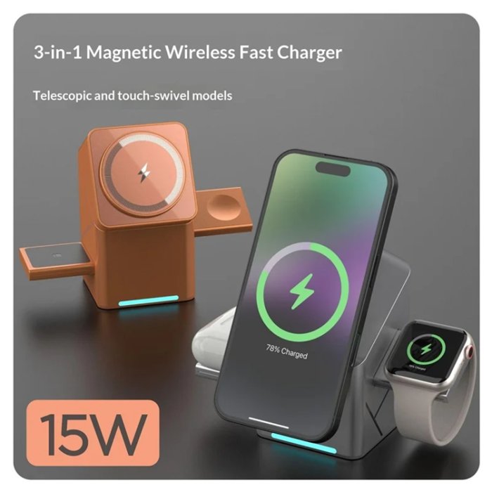A-One Brand - W10 3-i-1 Magnetisk Trådlös Laddare 15W För iPhone Och Samsung - Orange