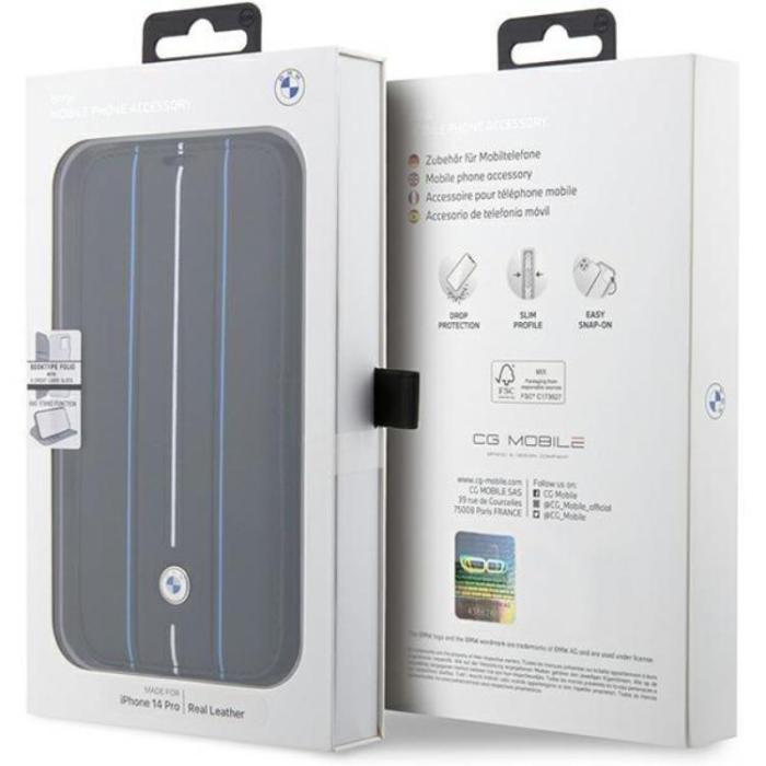 BMW - BMW iPhone 14 Pro Max Plånboksfodral Läder Stramp Lines - Blå