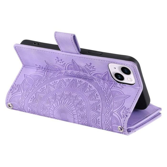 A-One Brand - iPhone 15 Plus Plånboksfodral Mandala Flower Imprinted - Lila