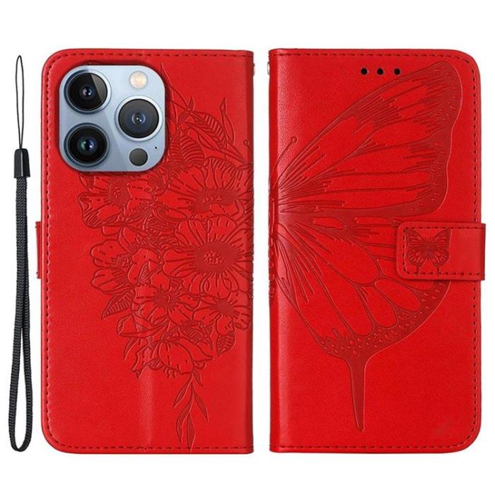 OEM - iPhone 14 Pro Max Plånboksfodral Butterfly Flower Imprinted - Röd
