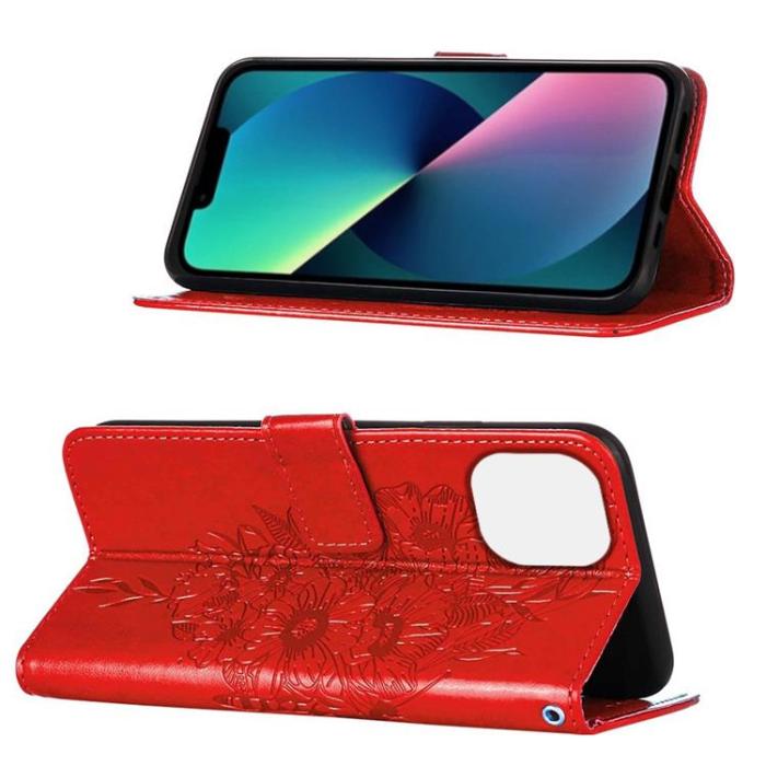 OEM - iPhone 14 Pro Max Plånboksfodral Butterfly Flower Imprinted - Röd