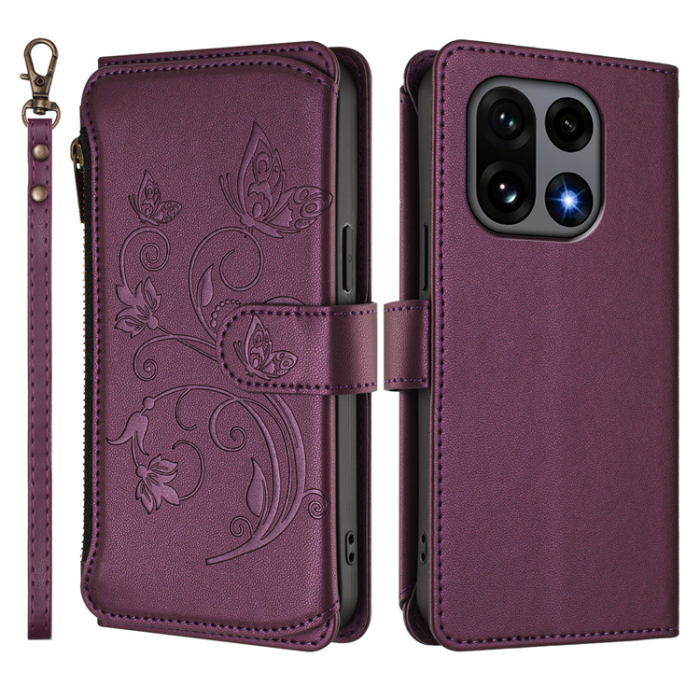 A-One Brand - OnePlus 15 5G Plånboksfodral Butterfly Floral Imprint Zipper