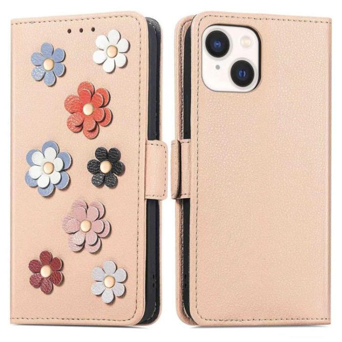OEM - iPhone 14 Plus Plånboksfodral Flower Decor Magnetic - Khaki