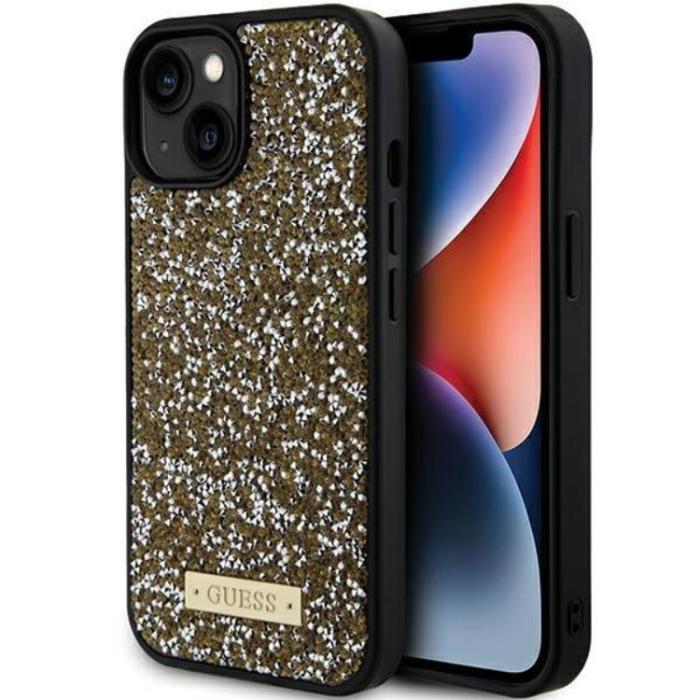 Guess - Guess iPhone 15 Mobilskal Rhinestone Metal Logo - Gul