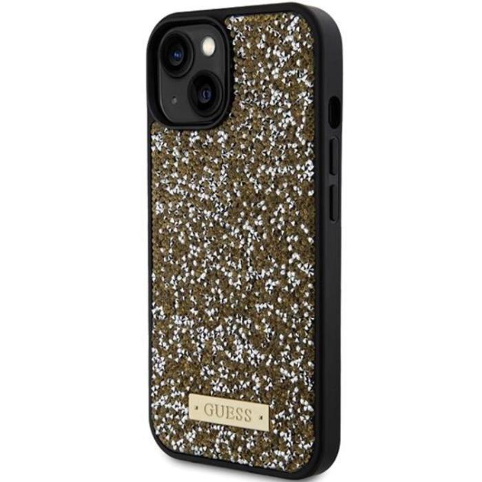 Guess - Guess iPhone 15 Mobilskal Rhinestone Metal Logo - Gul