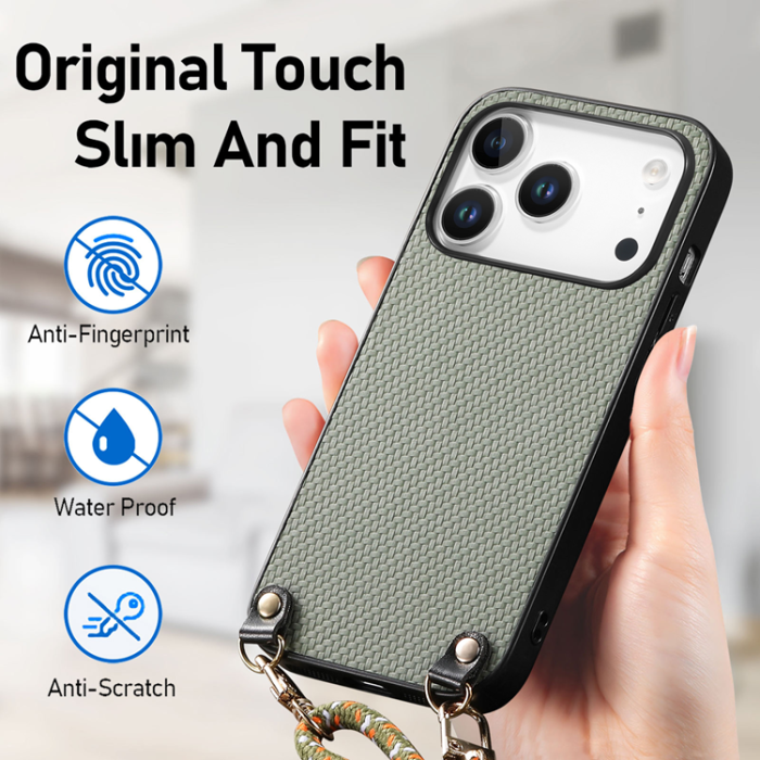 A-One Brand - iPhone 17 Pro Mobilskal Med Axelrem Snodd Carbon Fiber - Grön