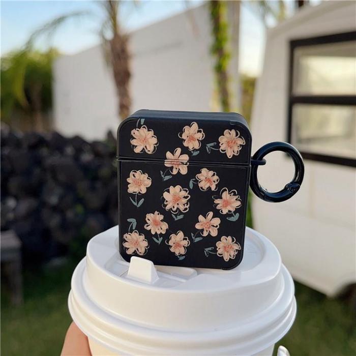 OEM - Airpods 1/2 Skal TPU Läder Floral - Svart/Rosa