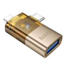 Hoco - Hoco 2-i-1 OTG Adapter USB-A Till Lightning/USB-C UA36E - Guld