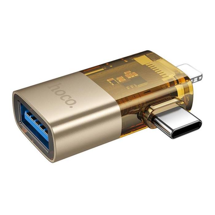 Hoco - Hoco 2-i-1 OTG Adapter USB-A Till Lightning/USB-C UA36E - Guld