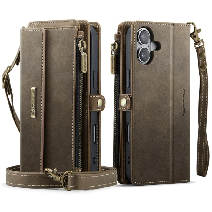 Caseme - Caseme iPhone 16 Plus Plånboksfodral RFID Blocking Zipper - Brun