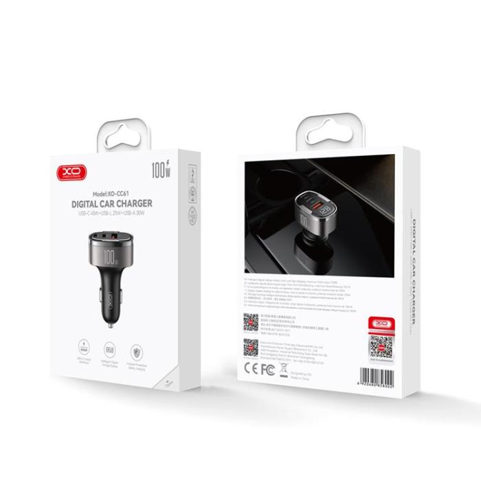 XO - XO Billaddare USB-C/USB-A/Lightning 100W PD QC 3.0 - Grå