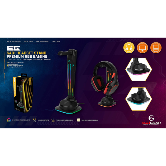 EGOGEAR - EGOGEAR Headsetställ SAC1 RGB Med 4xUSB-portar och Type-C 1m
