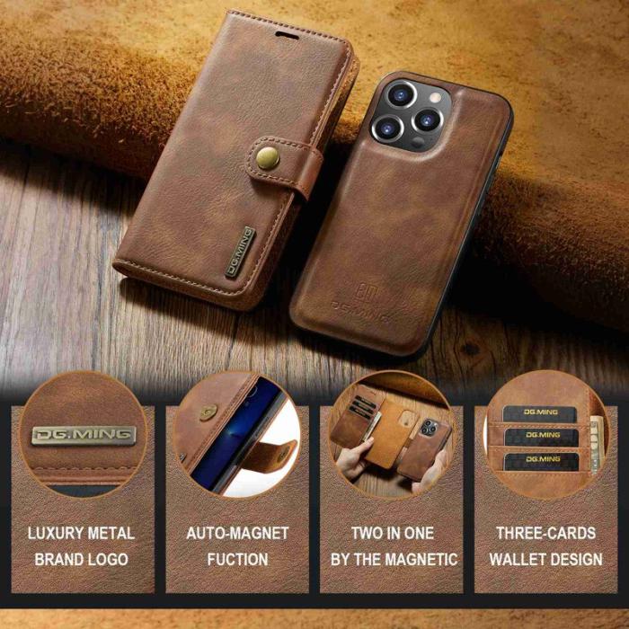 DG.MING - DG.MING iPhone 15 Pro Plånboksfodral Shockproof Äkta läder Detachable Brun