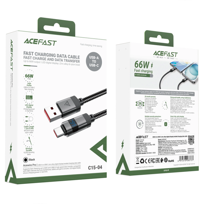 Acefast - Acefast USB-A - USB-C 66W Kabel 1.2m Display 480Mb/s - Svart