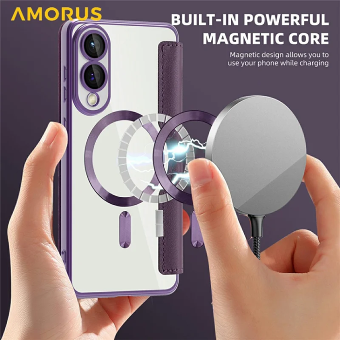 Amorus - Amorus Galaxy S25 Edge Plånboksfodral Magsafe RFID - Mörklila