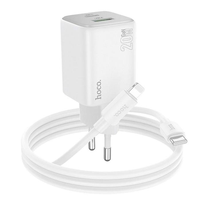 Hoco - Hoco Väggladdare 1xUSB-C 1xUSB-A 20W + Lightning Kabel N41 - Vit
