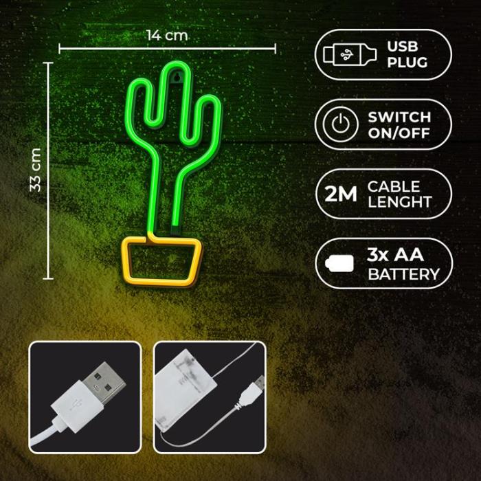 Forever Light - Forever Light LED Neon CACTUS Bat FLNE02 + USB - Orange/Grön