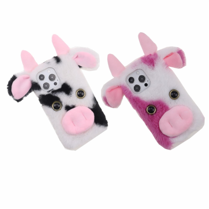 A-One Brand - iPhone 13 Pro Mobilskal Fluffy Cute Cow Plush TPU - Blå