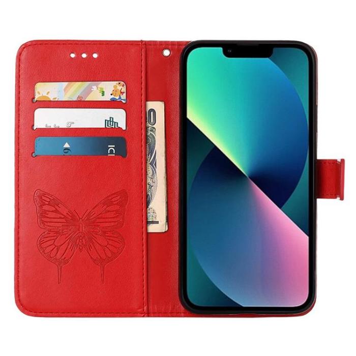 OEM - iPhone 14 Pro Max Plånboksfodral Butterfly Flower Imprinted - Röd