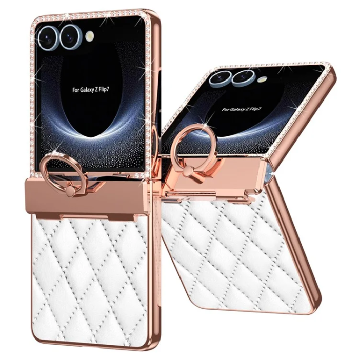 A-One Brand - Galaxy Z Flip 7 Mobilskal Ringhållare Rhinestone - Vit