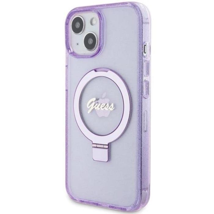 Guess - Guess iPhone 15/14 Plus Mobilskal Magsafe Ringställ Script Glitter - Lila