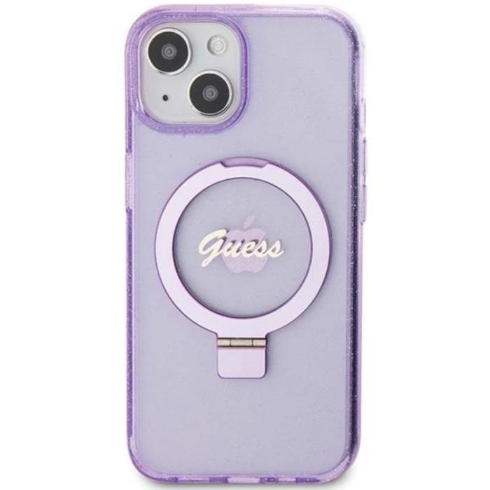 Guess - Guess iPhone 15/14 Plus Mobilskal Magsafe Ringställ Script Glitter - Lila