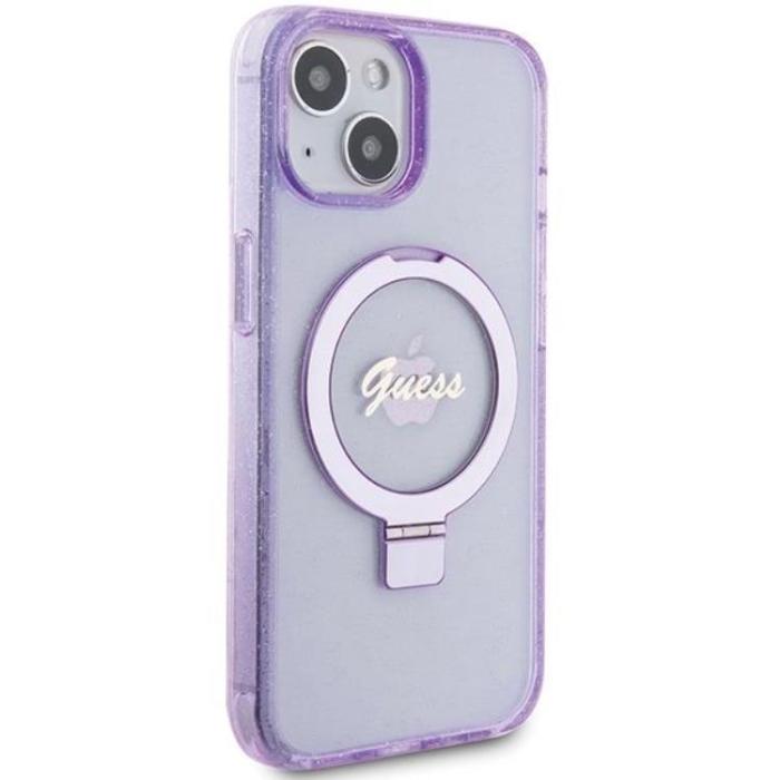 Guess - Guess iPhone 15/14 Plus Mobilskal Magsafe Ringställ Script Glitter - Lila