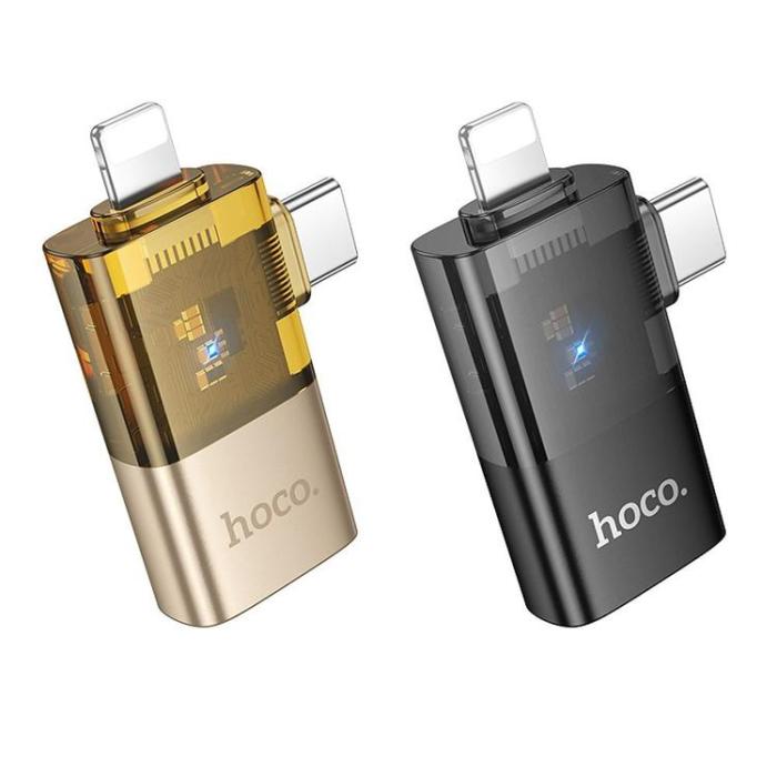 Hoco - Hoco 2-i-1 OTG Adapter USB-A Till Lightning/USB-C UA36E - Guld