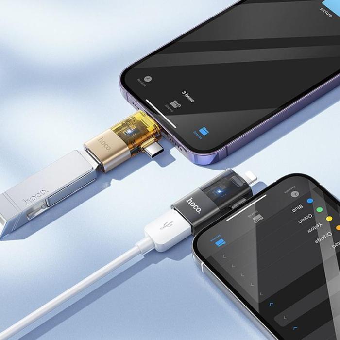 Hoco - Hoco 2-i-1 OTG Adapter USB-A Till Lightning/USB-C UA36E - Guld
