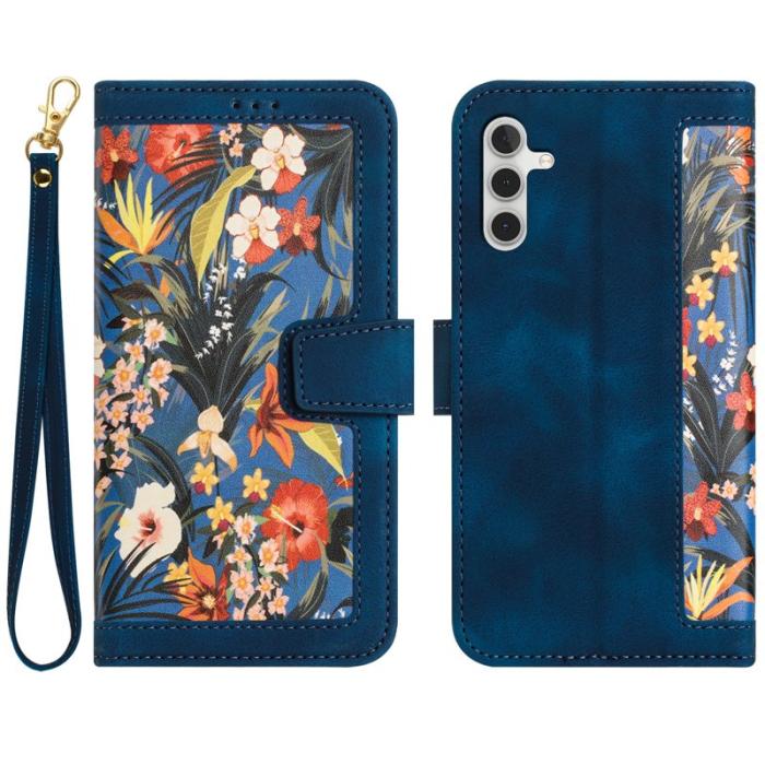 OEM - Mobilfodral för Samsung Galaxy S26 Konstläder Blommor med kortfack - Mörkblå